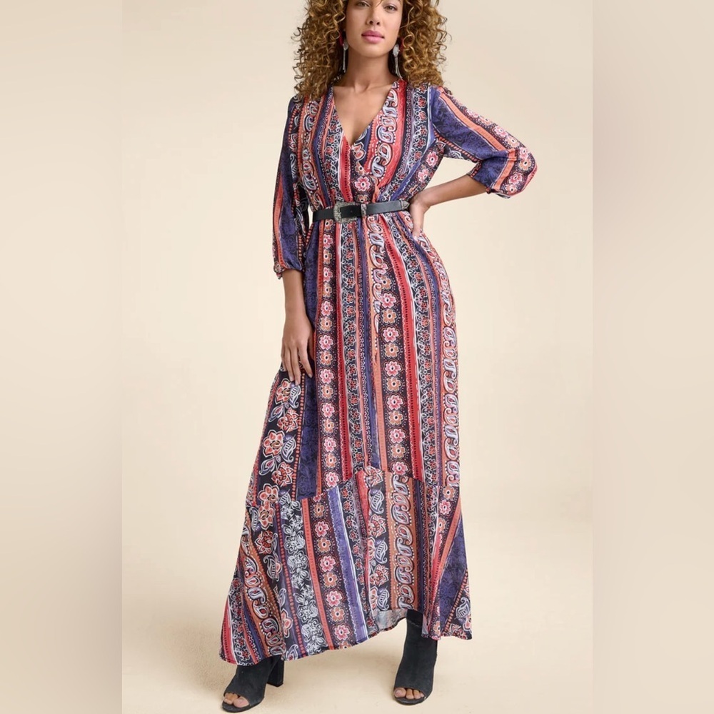 Venus NWT SZ 10 Boho Multicolor Paisley Maxi Dress with belt